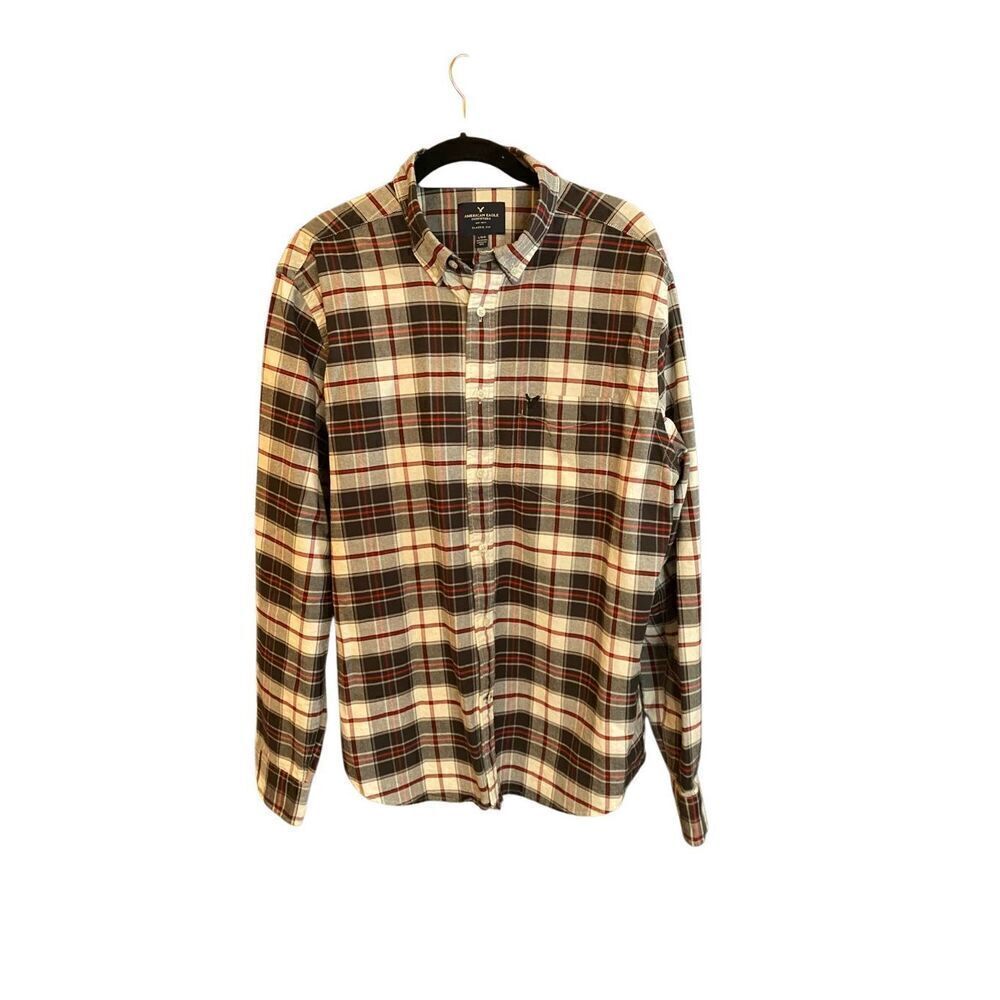 American eagle men’s classic fit plaid, long sleeve shirt, size large